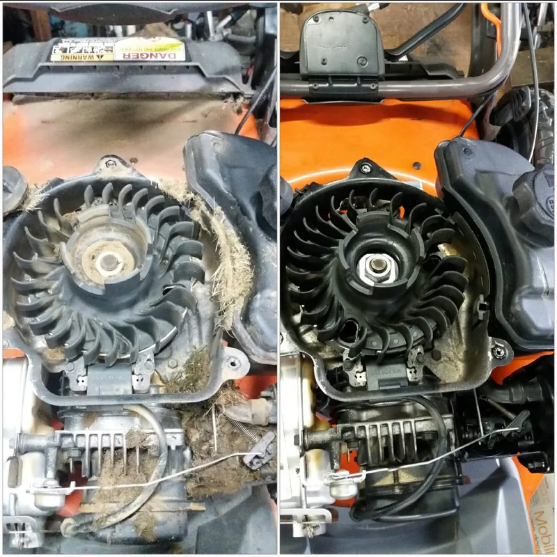 Comparação lado a lado de um motor de cortador de grama antes e depois da limpeza feita na oficina.